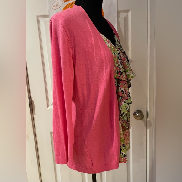 Think Spring ! August Silk Cardigan Attached Shell Floral Pink Green Size L - Picture 2 of 14